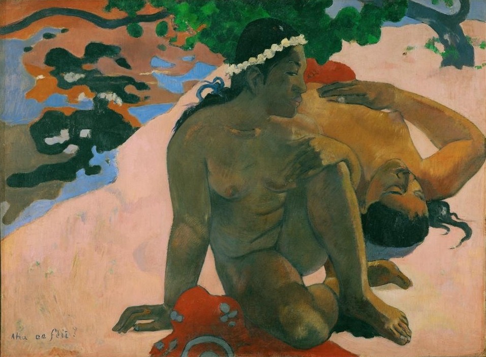 Paul Gauguin, Aha oe feii? (Eifersucht,Frau,Jugend (Lebensalter),Landschaft,Mädchen,Strand,Völkerkunde,Blumenkranz,Naturvölker,Akt,Portrait,Französische Kunst,Haarschmuck,Exotik,Gespräch Unter Frauen,Frauenleben,Kommunikation,Kopf,Schwarze Haare,Entspannung,Kranz,Ureinwohnerin,Rosa)