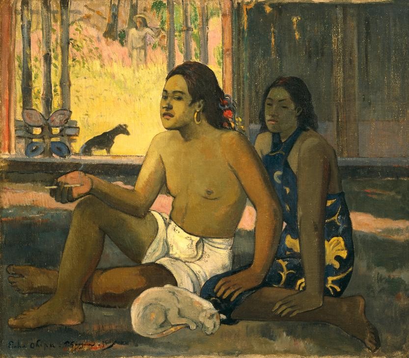 Paul Gauguin, Eiaha ohipa (Frau,Katze (Tier),Landschaft,Liebespaar,Mann,Schmuck,Völkerkunde,Wohnzimmer,Ohrring,Männerschmuck,Rauchen,Hund,Akt,Französische Kunst,Haustier,Paar,Müssiggang,Exotik,Tier,Synthetismus,Raucher,Land Und Leute)