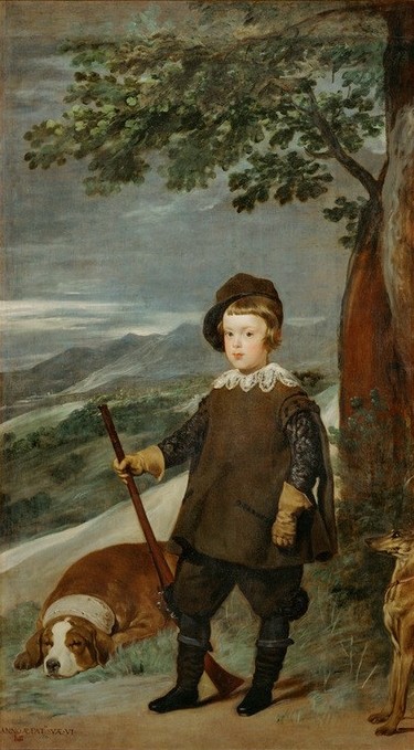 Diego Rodriguez de Silva y Velasquez, Prinz Baltasar Carlos als Jäger (Geschichte,Infant,Jäger,Jagd,Kindermode,Kind,Textil,Barock,Hund,Spitzen,Portrait,Habsburger,Kind Und Tier,Spanische Kunst,Knabe,Tier,Jungverstorbene,Person,Prinz)
