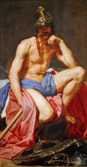 Diego Rodriguez de Silva y Velasquez, Mars (Helm,Krieg,Mann,Mythologie,Schild (Schutz),Waffe,Barock,Akt,Allegorie,Spanische Kunst,Götter,Halbakt,Sitzen,Kriegsgott,Setztartsche,Sturmhaube,Rundschild,Griechisch-Römische Mythologie)