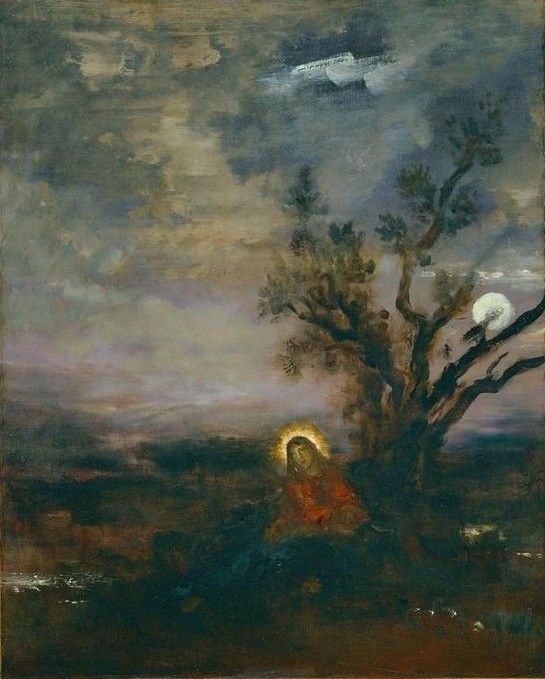 Gustave Moreau, Le Christ au Jardin des Oliviers (Christentum,Gebet,Kunst,Mond,Religion,Tageszeiten,Nacht,Symbolismus,Neues Testament,Bibel,Apostel,Garten Getsemane,Französische Kunst,Passion Christi,Vollmond,Mondschein,Garten)