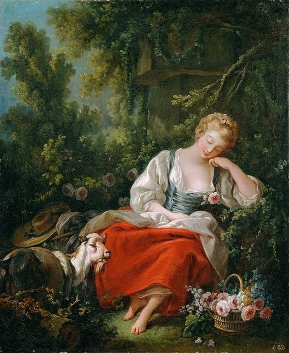 Francois Boucher, Die träumende Schäferin (Frau,Kunst,Rose,Schafzucht,Hirte,Ziege,Rokoko,Mittagsschlaf,Bukolik,Siesta,Französische Kunst,Im Freien (Allgemein),Kleidung (Allgemein),Frau Und Tier,Frauenleben,Tier,Blumenkorb,Blume,Schäferin,Schlafen (Schlaf),Landwirtschaft,Schäfer,Nickerchen)