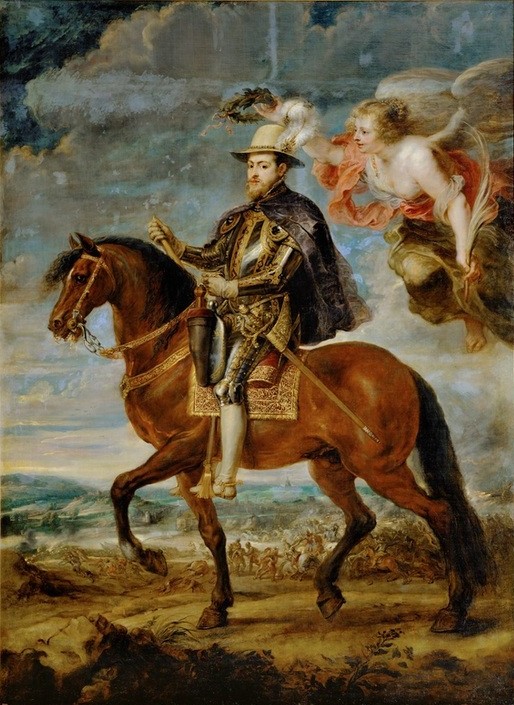 Peter Paul Rubens, Reiterbildnis Philipps II. in der Schlacht von St. Quentin 1557 (Geschichte,König,Kopfbedeckung,Krieg,Pferd (Tier),Reiterstandbild,Standbild,Lorbeer,Reiter,Barock,Schlacht,Allegorie,Sieg (Erfolg),Portrait,Habsburger,Lorbeerkranz,Kleidung (Allgemein),Tier,Palmzweig,Reiten,Siegeskranz,Spanisch-Französischer Krieg (1556-5)