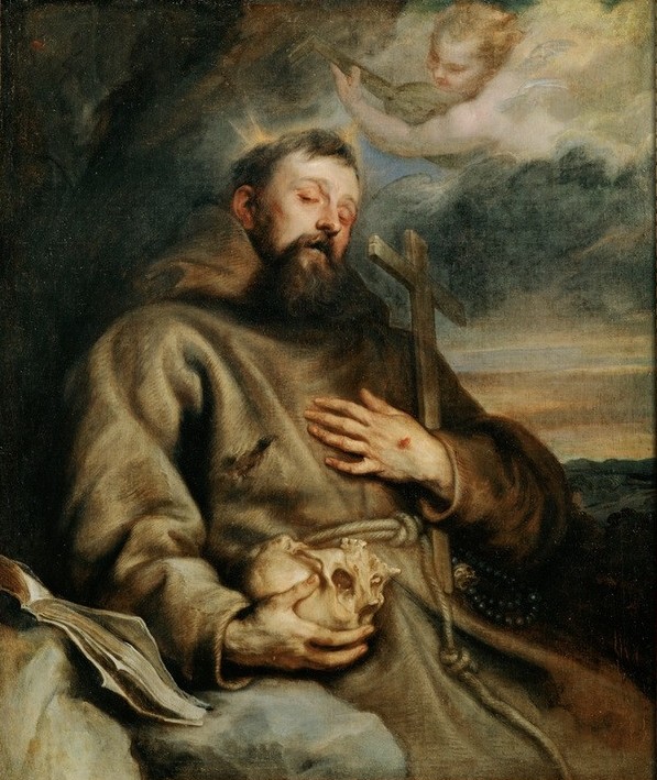 Anthonis van Dyck, Der Heilige Franz von Assisi (Heiliger, Kirchenvater, Mönche, Vision, Stigmatisierung,   Totenkopf, Messgewand, Orden, Kreuz, Barock, Klassiker, Wunschgröße, Wohnzimmer)