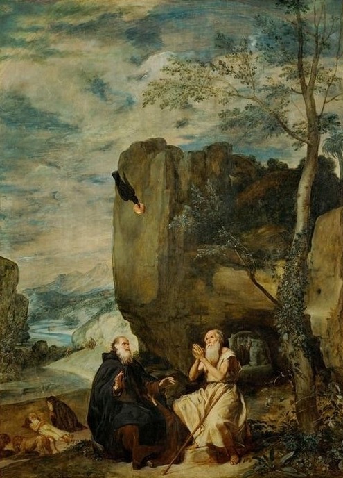Diego Rodriguez de Silva y Velasquez, Der Heilige Antonius Abbas beim Eremiten Paulus (Christentum,Heilige,Kunst,Landschaft,Religion,Vogel,Rabe,Barock,Fluss,Eremit,Heiligenlegende,Spanische Kunst,Abt,Tier,Heiliger)