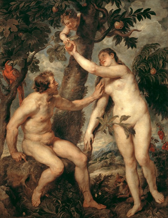 Peter Paul Rubens, Der Sündenfall (Apfel,Flämische Kunst,Frau,Kunst,Mann,Papagei,Schlange,Vogel,Barock,Altes Testament,Akt,Sündenfall,Bibel,Paradies,Kopie,Versuchung,Baum Der Erkenntnis,Feigenblatt,Niederländische Kunst,Genesis,Tier,Jüdisch-Christlich)