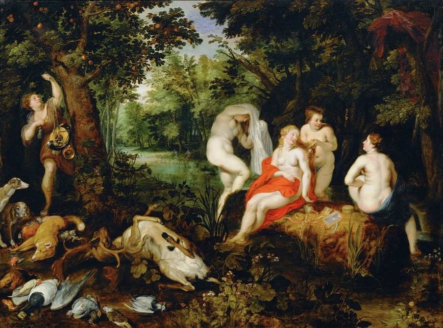 Jan Brueghel der Ältere, Rast der Diana nach der Jagd (Bad Im Freien,Bad,Frau,Jagd,Kunst,Mythologie,Nymphe,Barock,Akt,Niederländische Kunst,Jägerin,Jagdbeute,Griechisch-Römische Mythologie)