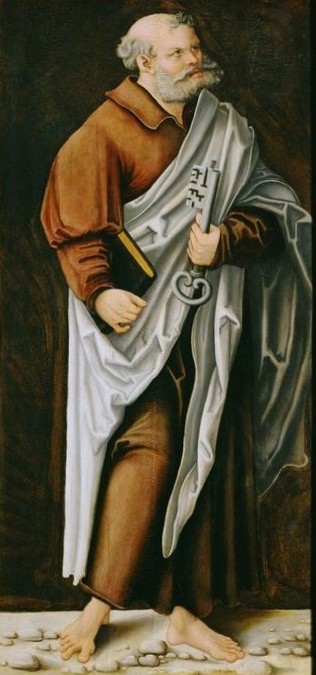Lucas Cranach der Ältere, Der Apostel Petrus (Christentum,Deutsche Kunst,Kunst,Religion,Bart,Renaissance,Bibel,Apostel,Barfuss,Seitenflügel (Altar),Türschloss,Riegel,Ganzfigurig,Frisur,Petrusschlüssel)