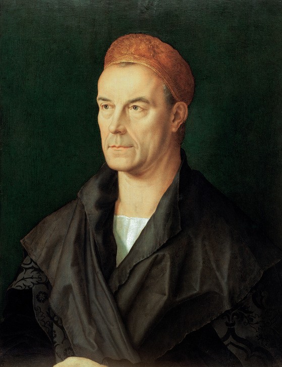 Albrecht Dürer, Jakob II. Fugger (Bankier,Deutsche Kunst,Finanzwesen,Geld,Herrenmode,Kaufherr,Kopfbedeckung,Mann,Mode,Renaissance,Portrait,Bürgertum,Kopie,Haube,Grosskaufmann,Kragen,Schaube,Person,Kaufmann)