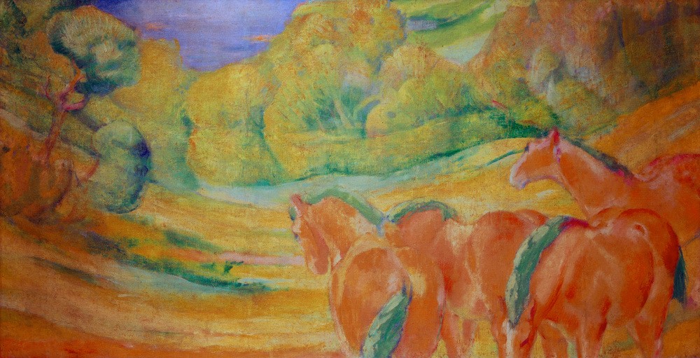 Franz Marc, Große Landschaft I (Landschaft mit roten Pferden) (Deutsche Kunst,Herbst,Jahreszeiten,Kunst,Landschaft,Pferd (Tier),Zoologie,Expressionismus,Der Blaue Reiter,Tier,Jahrhundertwende,Rot)