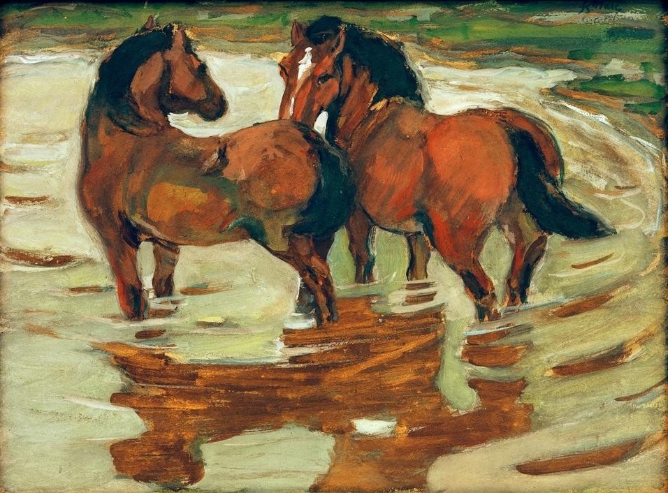 Franz Marc, Zwei Pferde in der Schwemme (Deutsche Kunst,Pferd (Tier),Zoologie,Expressionismus,Pferdeschwemme)