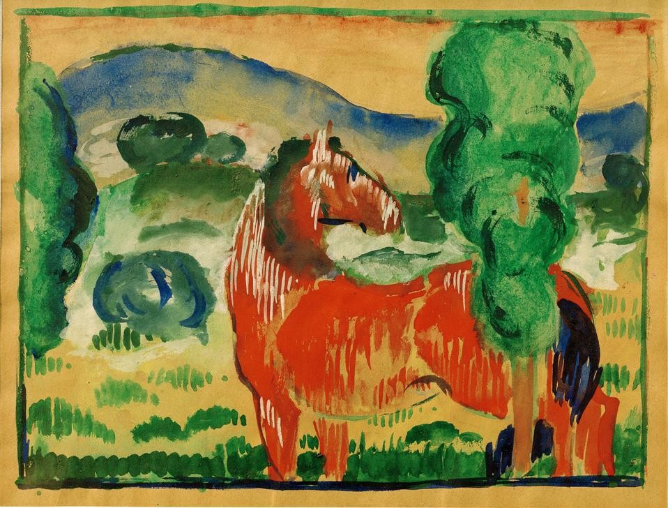 Franz Marc, Rotes Pferd in farbiger Landschaft (Deutsche Kunst,Landschaft,Pferd (Tier),Zoologie,Expressionismus)