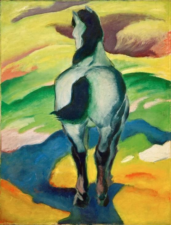 Franz Marc, Blaues Pferd II (Deutsche Kunst,Kunst,Landschaft,Pferd (Tier),Zoologie,Expressionismus,Der Blaue Reiter,Tier,Blau,Säugetier,Huftier)