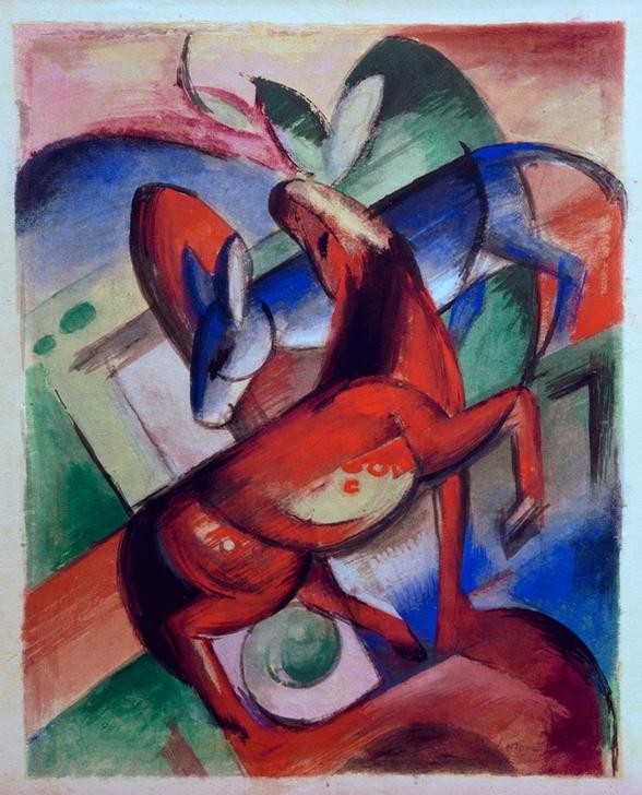 Franz Marc, Pferd und Esel (Deutsche Kunst,Pferd (Tier),Zoologie,Esel,Expressionismus,Der Blaue Reiter,Tier,Huftier)