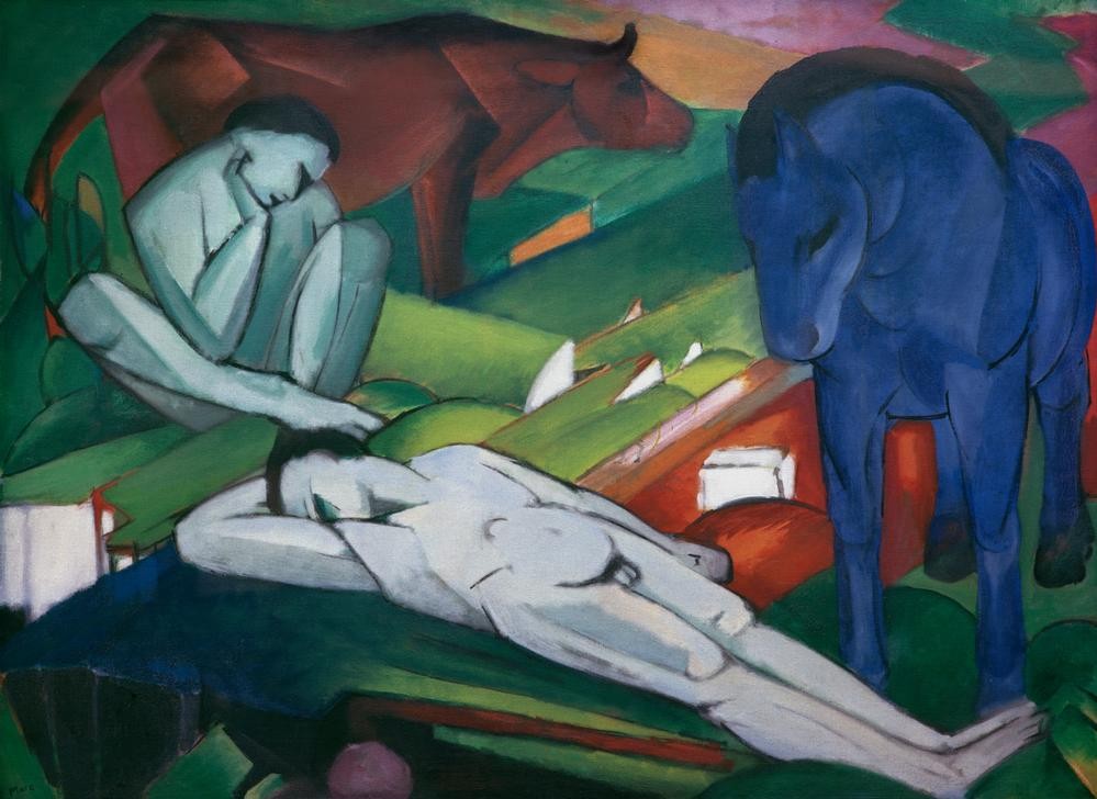 Franz Marc, Die Hirten (Deutsche Kunst,Mann,Pferd (Tier),Pferdezucht,Rinderzucht,Rind,Zoologie,Hirte,Akt,Expressionismus,Der Blaue Reiter,Landwirtschaft,Viehzucht)