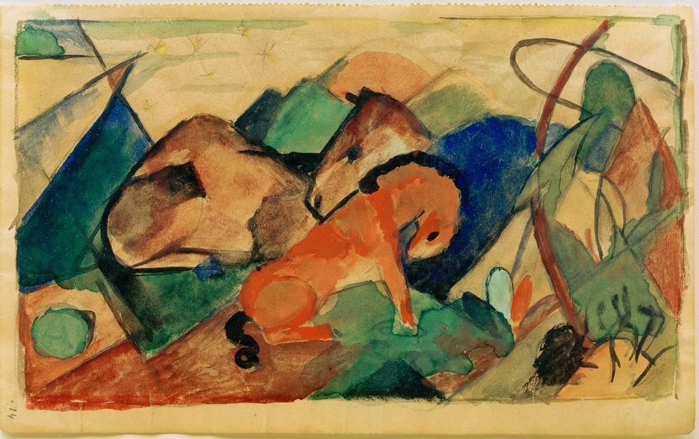 Franz Marc, Ruhende Stute und Fohlen (Deutsche Kunst,Pferd (Tier),Zoologie,Expressionismus,Der Blaue Reiter,Ausruhen,Liegen,Stute,Fohlen)