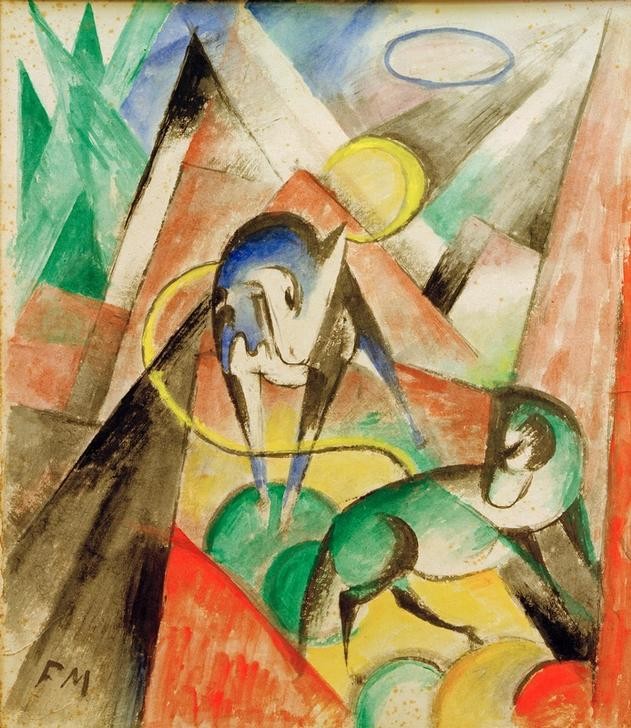 Franz Marc, Landschaft mit zwei Pferden (Deutsche Kunst,Landschaft,Pferd (Tier),Zoologie,Expressionismus,Der Blaue Reiter)