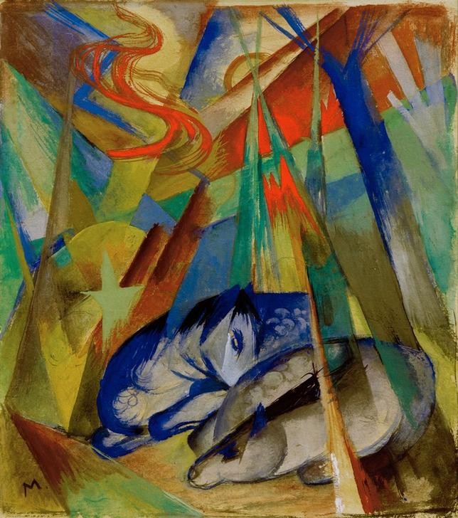 Franz Marc, Schlafende Tiere (Deutsche Kunst,Kunst,Pferd (Tier),Zoologie,Expressionismus,Der Blaue Reiter,Tierleben,Tier,Monogramm,Schlafen (Schlaf),Farbigkeit)