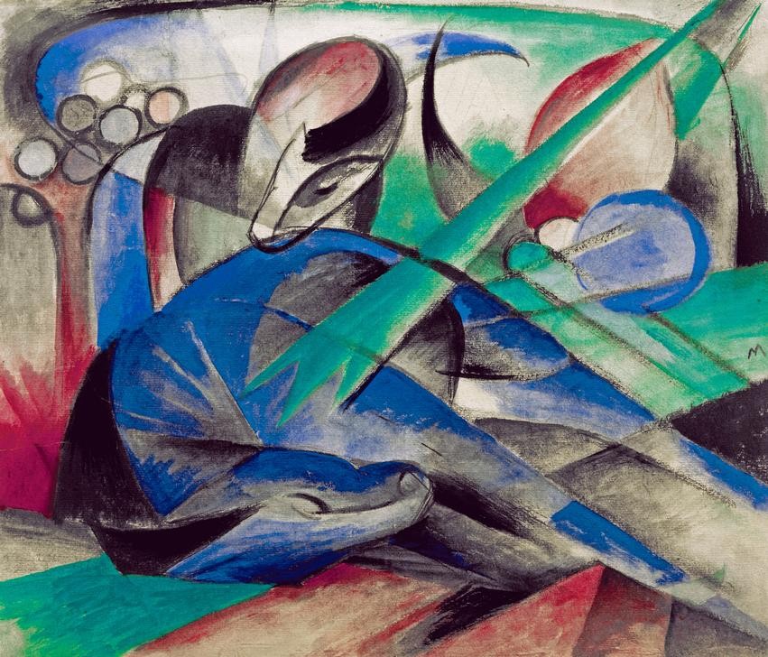 Franz Marc, Träumendes Pferd (Deutsche Kunst,Kunst,Pferd (Tier),Zoologie,Expressionismus,Der Blaue Reiter,Tierleben,Tier,Monogramm,Liegen,Schlafen (Schlaf))