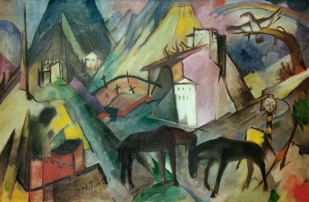 Franz Marc, Das arme Land Tirol (Adler,Deutsche Kunst,Gebirge,Landschaft,Pferd (Tier),Expressionismus,Grenze,Der Blaue Reiter,Grenzpfahl,Tier)