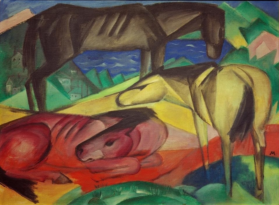 Franz Marc, Drei Pferde II (Deutsche Kunst,Kunst,Pferd (Tier),Zoologie,Expressionismus,Der Blaue Reiter,Tier,Monogramm,Farbigkeit)