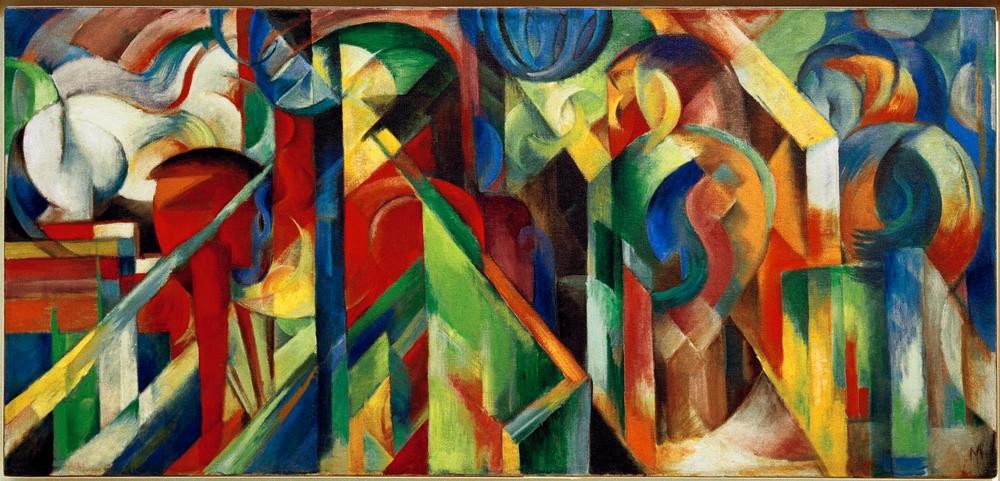 Franz Marc, Stallungen (Biologie,Deutsche Kunst,Kunst,Pferd (Tier),Pferdezucht,Zoologie,Kubismus,Expressionismus,Der Blaue Reiter,Stall,Tierhaltung,Tier,Pferdestall,Farbigkeit,Landwirtschaft,Farbe)