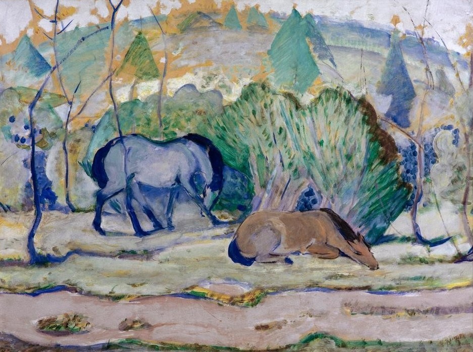 Franz Marc, Pferde auf der Weide (Pferde in Landschaft) (Deutsche Kunst,Kunst,Landschaft,Pferd (Tier),Pferdezucht,Weide,Zoologie,Expressionismus,Der Blaue Reiter,Tierleben,Tierhaltung,Tier,Landwirtschaft,Viehzucht)