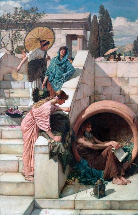 John William Waterhouse, Diogenes of Sinope  (Mythologie, Diogenes, Fass, Wohnen, Frauen, Treppe, Sonne, Präraffaeliten, Klassiker,  Wohnzimmer, Wunschgröße, bunt)