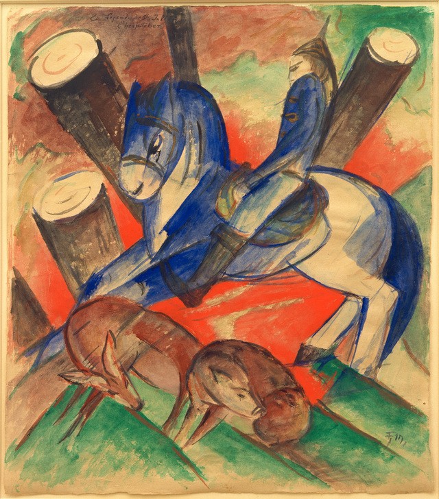 Franz Marc, Der heilige Julian (Christentum,Deutsche Kunst,Handschrift,Heilige,Kunst,Pferd (Tier),Religion,Schwein,Wildschwein,Reiter,Expressionismus,Der Blaue Reiter,Heiligenlegende,Bronze,Reh,Tier,Heiliger,Monogramm,Mensch Und Tier)