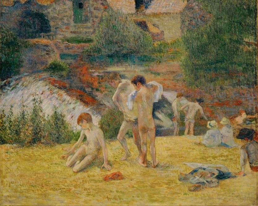 Paul Gauguin, Jeunes Bretons au bain, ou La baignade au moulin du Bois d' (Körperpflege,Bad Im Freien,Bad,Dorfkind,Jahreszeiten,Kind,Landschaft,Mühle,Schwimmen,Sommer,Sport,Volkskunde,Windmühle,Fluss,Akt,Wind,Französische Kunst,Knabe,Kinderleben,Synthetismus,Schule Von Pont-Aven,Flussbad,Land Und Leute,Landwirtschaft)