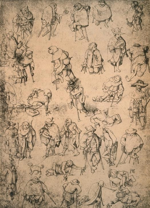 Hieronymus Bosch, Krüppel, Bettler und Bettelmusikanten (Gesellschaft,Krücken,Kunst,Lepra,Medizin,Soziales,Landstreicher,Behinderte,Studie,Niederländische Kunst,Bettler,Behinderter,Holzbein,Drehleier,Krüppel,Behinderung)