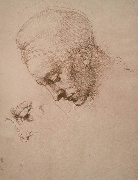 MICHELANGELO BUONARROTI, Studie nach einem gesenkten männlichen Kopf im Profil nach links (Kopf, Profil, Portrait, Androgyn, Junger Mann, , Skizze, Zeichnung, Klassiker, Renaissance, Wunschgröße, schwarz/weiß)