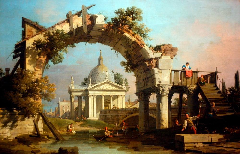 Giovanni Antonio Canaletto, Landscape with a Villa seen through a ruined Arch (Cariccio, Ruine, Torbogen, Villa, Alltagsleben, Gesellschaft, Italien, Städte,   Barock, Klassiker, Wunschgröße, Wohnzimmer)