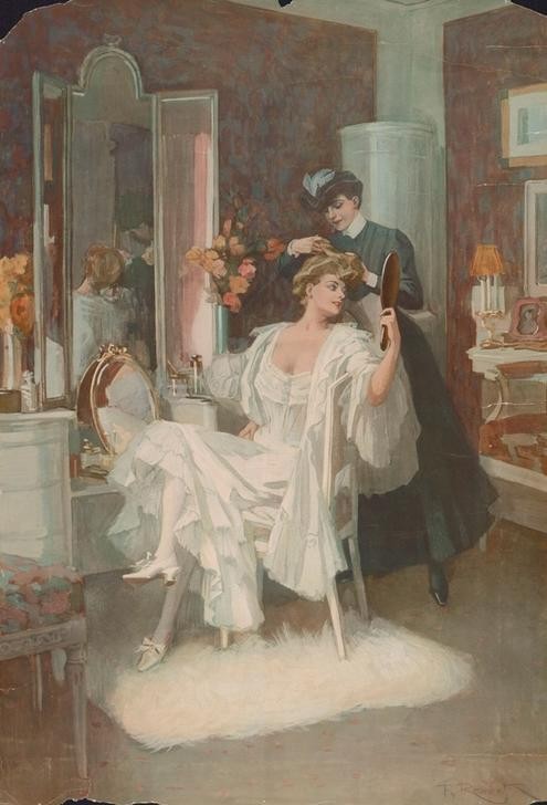 Ferdinand von Reznicek, Bei der Toilette (Körperpflege,Bad,Deutsche Kunst,Dienstboten,Frau,Morgentoilette,Spiegel,Toilette (Körperpflege),Schminktisch,Zofe,Dienstmädchen,Handspiegel,Eleganz,Neglige,Frauenleben,Jahrhundertwende,Frisieren,Ankleidezimmer,Frisur)
