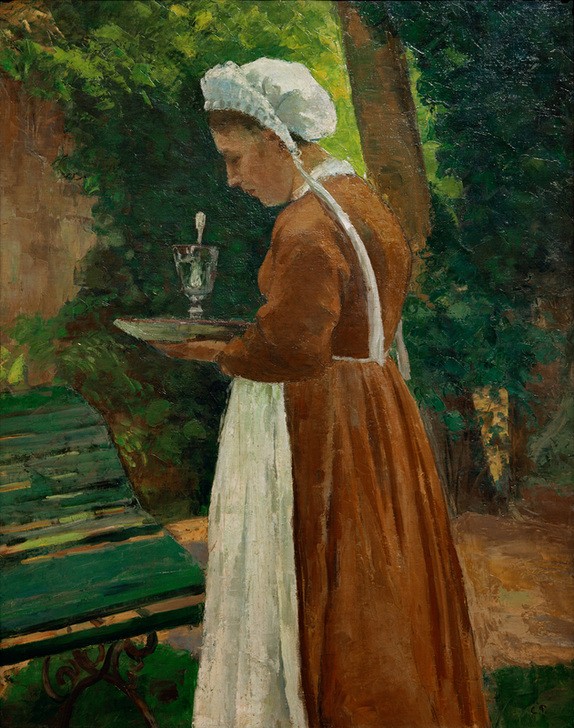 Camille Pissarro, Das Dienstmädchen (Dienstboten,Frau,Gesellschaft,Kopfbedeckung,Impressionismus,Haube,Schürze,Französische Kunst,Tablett,Tragen,Dienstmädchen,Menschen Im Garten,Frauenleben,Trinkglas,Garten)