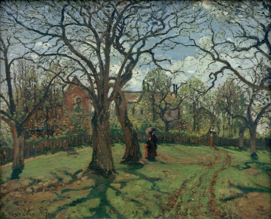 Camille Pissarro, Kastanienbäume in Louveciennes, Frühling (Garten Und Park,Jahreszeiten,Kastanie,Kunst,Landschaft,Spaziergang,Impressionismus,Frühling,Baum,Französische Kunst,Menschen Im Garten,Garten)