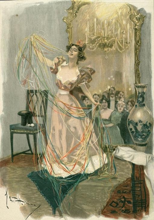 Ernst Heilemann, Die Salonzauberin (Gesellschaftliches Leben, Gesellschaft, Salon, Soiree, Bürgertum, Zauberin, Zuschauer, Luftschlange, Künstlerin,   Retro, Nostalgie, Klassiker, Treppenhaus, Wohnzimmer, Wunschgröße,)