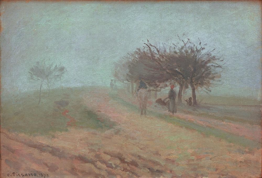Camille Pissarro, Nebliger Morgen in Creil (Landschaft,Meteorologie,Tageszeiten,Morgen,Impressionismus,Baum,Nebel,Französische Kunst)