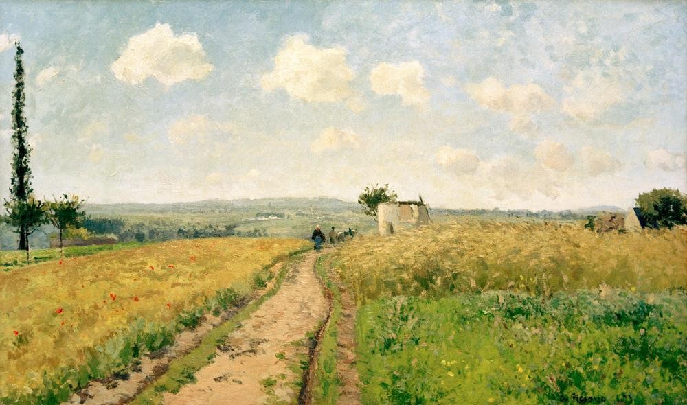 Camille Pissarro, Junimorgen, Blick über die Hügel von Pontoise (Junimorgen b (Haus,Jahreszeiten,Juni,Kunst,Landschaft,Monat,Sommer,Tageszeiten,Morgen,Impressionismus,Feldweg,Französische Kunst,Feld)
