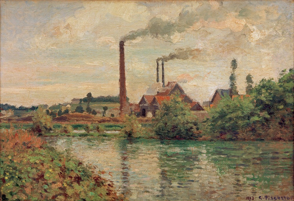 Camille Pissarro, Die Fabrik in Pontoise (Industrie,Landschaft,Schornstein,Luftverschmutzung,Impressionismus,Fluss,Fabrik,Französische Kunst,Rauch,Emission)