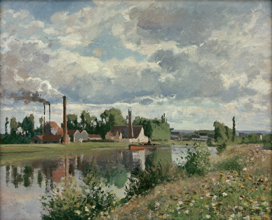 Camille Pissarro, Die Oise bei Pontoise (Industrie,Landschaft,Schornstein,Impressionismus,Fluss,Fabrik,Französische Kunst,Rauch,Emission)