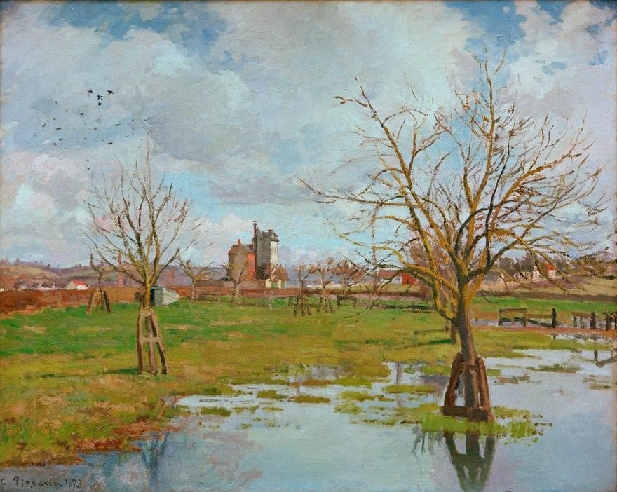 Camille Pissarro, Landschaft mit überschwemmten Feldern (Landschaft,Impressionismus,Baum,Wiese,Überschwemmung,Französische Kunst,Feld)