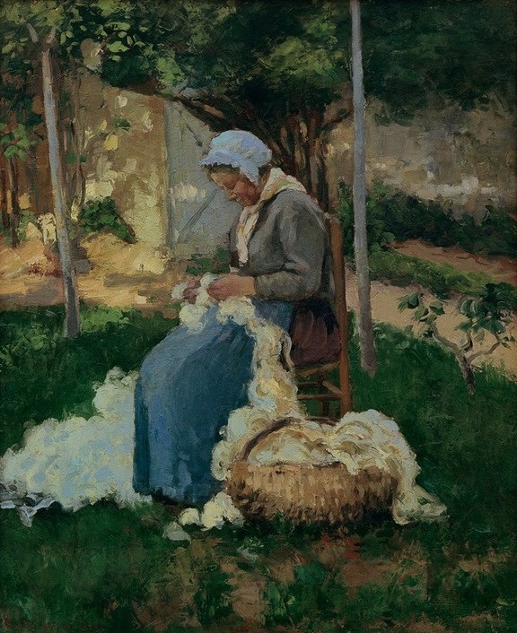 Camille Pissarro, Bäuerin beim Wollezupfen (Arbeit,Bauer (Landwirt),Frau,Kopfbedeckung,Kunst,Schafzucht,Volkskunde,Impressionismus,Wolle,Bäuerin,Haube,Französische Kunst,Im Freien (Allgemein),Landleben,Frauenleben,Wollezupfen,Land Und Leute,Landwirtschaft)