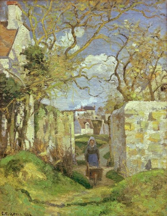 Camille Pissarro, Bäuerin mit Schubkarre, Maison Rondest, Pontoise (Landschaf (Arbeit,Frau,Landschaft,Impressionismus,Bäuerin,Architekturdarstellung,Schubkarre,Gartenarbeit,Französische Kunst,Menschen Im Garten,Landwirtschaft,Garten)