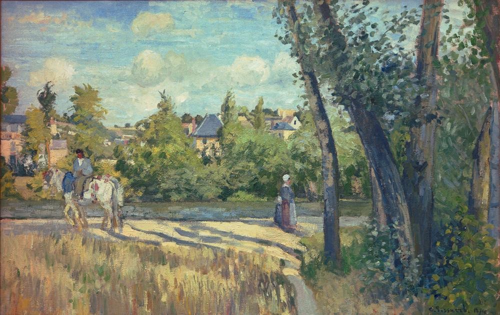 Camille Pissarro, Landschaft, helles Sonnenlicht, Pontoise (Landschaft,Pferd (Tier),Strasse (Allgemein),Impressionismus,Reiter,Fluss,Französische Kunst,Fussgänger,Sonnenschein,Fussgängerin)