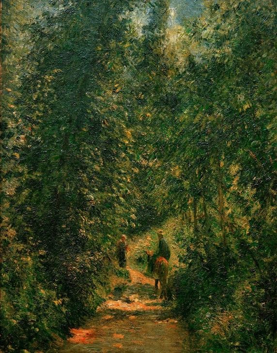 Camille Pissarro, Weg unter Bäumen, Sommer (Jahreszeiten,Landschaft,Sommer,Impressionismus,Reiter,Baum,Weg,Französische Kunst)