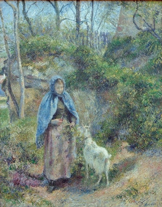 Camille Pissarro, Frau mit Ziege (Frau,Impressionismus,Ziege,Bäuerin,Französische Kunst,Fütterung,Landleben,Frau Und Tier,Frauenleben,Landwirtschaft,Viehzucht,Umhang)