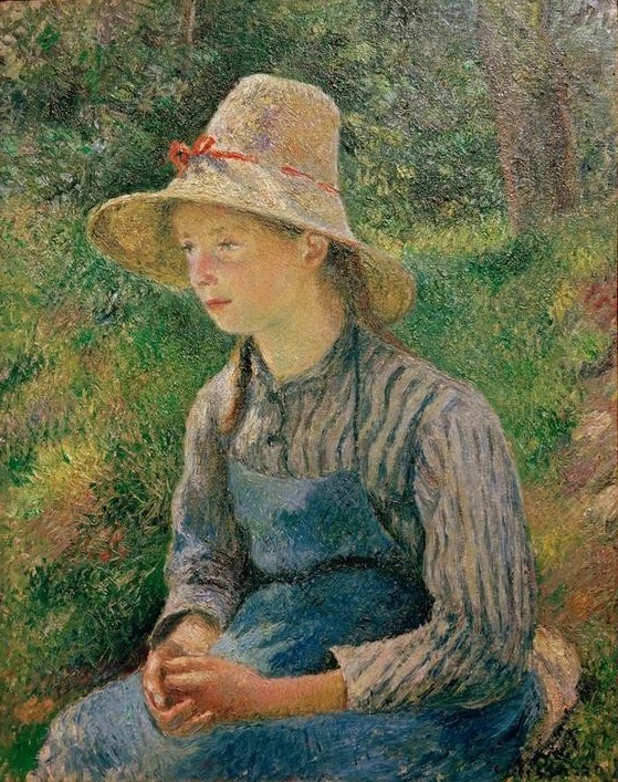 Camille Pissarro, Bauernmädchen mit Strohhut (Dorfkind,Kind,Kopfbedeckung,Kunst,Mädchen,Mensch,Impressionismus,Hut,Portrait,Strohhut,Bluse,Schürze,Französische Kunst,Landbevölkerung,Sitzen,Streifen,Dorfbewohner,Hände Im Schoss)