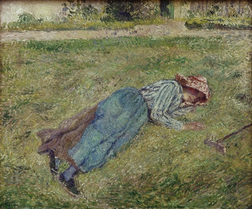 Camille Pissarro, Die Rast, liegendes Mädchen am Rasenhang, Pontoise (Dorfkind,Mädchen,Rast,Freizeit,Impressionismus,Wiese,Gras,Haube,Französische Kunst,Im Freien (Allgemein),Rechen,Kinderleben,Landbevölkerung,Dorfbewohner,Feldarbeit,Schlafen (Schlaf))