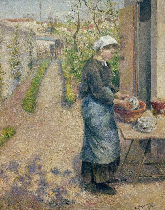 Camille Pissarro, Die Geschirrspülerin (Arbeit,Dienstboten,Essgeschirr,Frau,Hausarbeit,Mensch,Impressionismus,Abwasch,Haube,Schürze,Französische Kunst,Im Freien (Allgemein),Dienstmädchen,Frauenleben,Schüssel,Alltag)